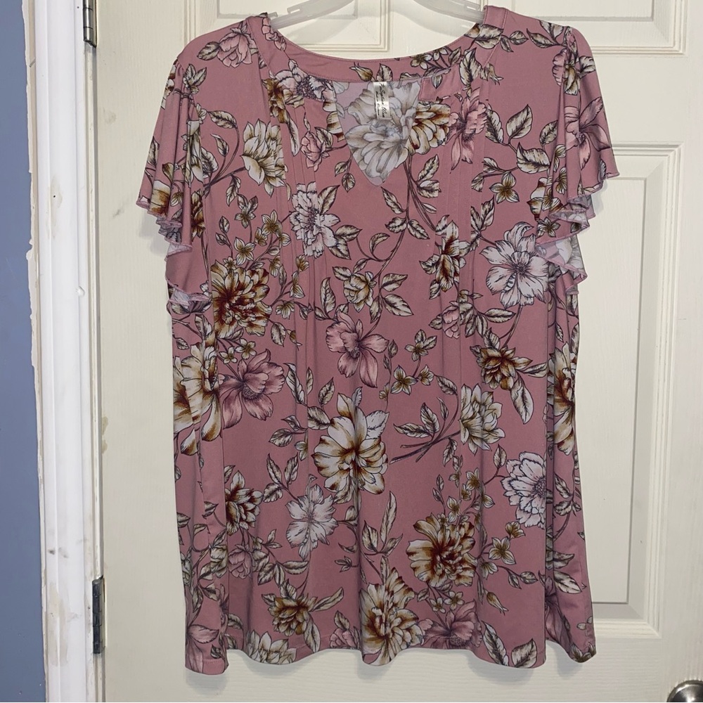 Per Seption Concept Women's Pink Floral V-Neck Blouse with Short Sleeves Size 2X